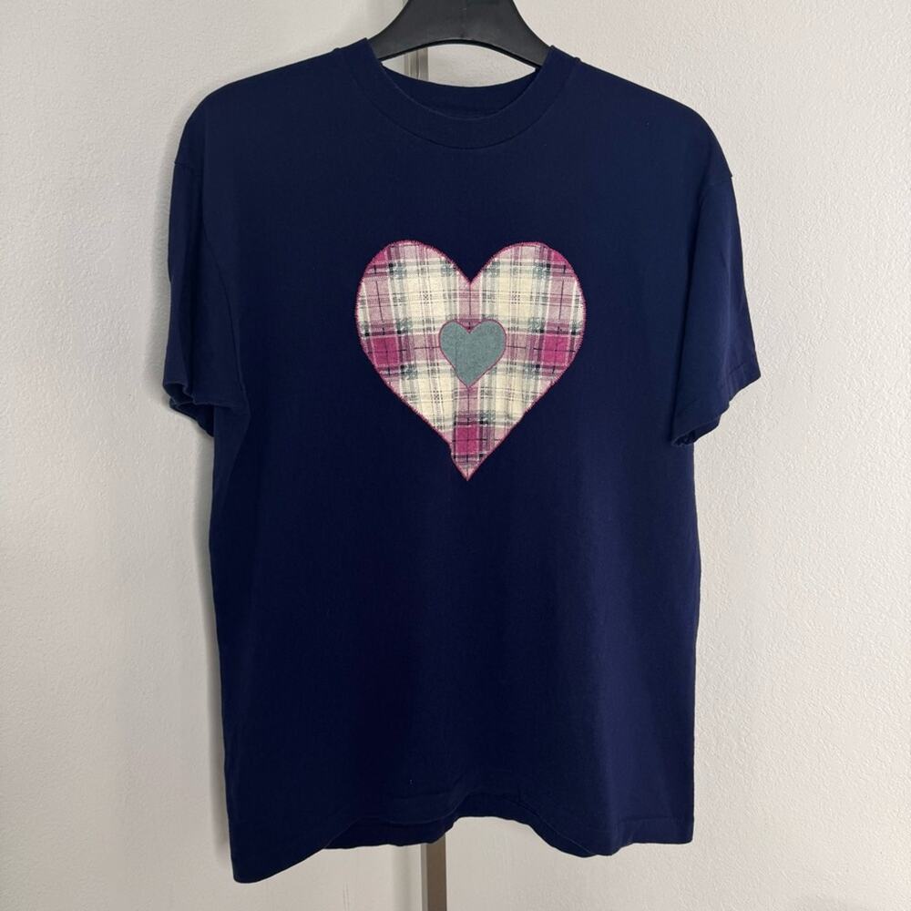 Vintage Heart Plaid Navy Graphic T-Shirt Single Single Stitch USA Made Size XL